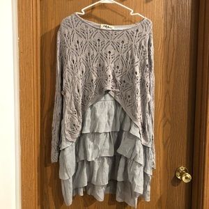 Gorgeous Gray Ruffled Top With Crocheted Overlay